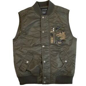 21MEN Vest Men XS Olive Green Bomber Jacket Camo Lined Pocket Utility Sleeveless